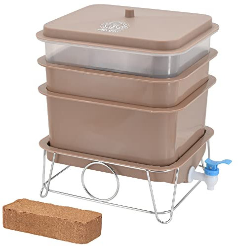Arcadia Garden Products Worm Nerd WN55 4-Tray Worm Composting Bin Kit with Coco Coir Brick for Recycling Food Waste, Worm Castings, Worm Tea, Vermiculture and Vermicomposting, Tan