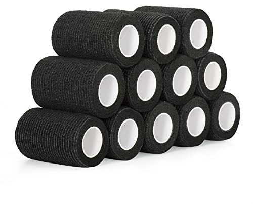 SEADESKY 12 Rolls Vet Wrap Horses Self Adhesive Bandage Tape 7.5cm x 4.5m | Elastic Cohesive Bandages Wrap for Wrist Ankle Self Adherent Bandages Pet Vet Wrap for Dogs Horses Football Sock Wrap (Black)