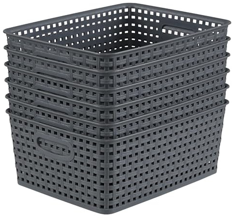 Saedy 6-Pack Plastic Woven Storage Basket, Kitchen Cupboard Storage Baskets | Dark Gray, Rectangle Organizing Basket Box for Home Office