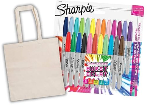 Sharpie Permanentmarker | Feiner Punkt für mutige Details | Farbexplosion und verschiedene Originale | 24 Stück + Baumwolltasche