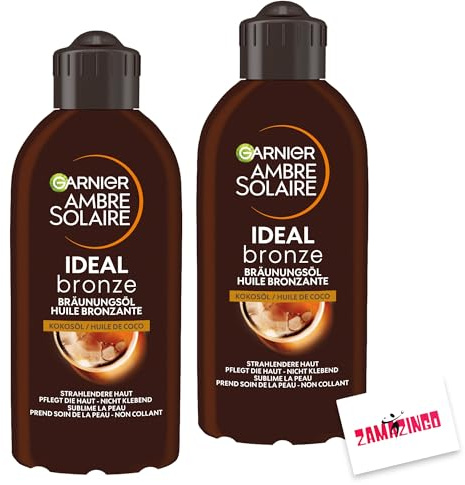 Garnier Bräunungs-Öl Ambre Solaire Ideal Bronze 200ml | mit Kokos-Öl für schnelle Sommerbräune | Natürliche und gleichmäßige Bräune + Zama4Zingo Karte (Öl, 2er Pack)