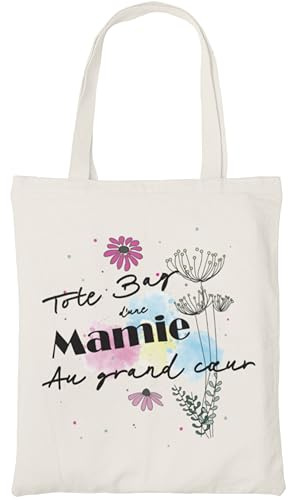 Zinello Design Cadeau Mamie | Tote Bag Coton 100% avec Message Humoristique Mamie au Grand Cœur | 40x35cm Lavable | Fête des Grands-Mères, Anniversaire, Noël | Sac Cabas Femme