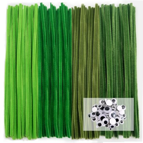 TOAOB 100 Pezzi Scovolini per Lavoretti Verde Scuro Pipe Cleaner Bastoncini Decorativi e 100 Occhi Mobili Adesivi per Bambole Pupazzi Artigianato Scrapbooking Fai da Te