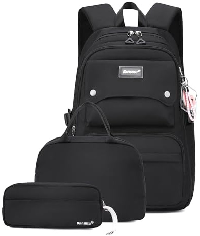 Bansusu 3Pcs Black Backpack for Teen Girls with Lunchbox, School Bag Girls Backpack Bookbag for Kids, Black