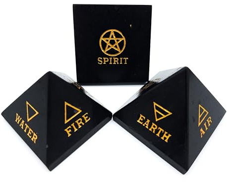 Pirámide de piedras preciosas turmalina negra (aprox. 5 cm, 150 g), grabado a mano, 5 elementos de la vida, fuego, agua, tierra, aire, espíritu, protección de la suerte, energía, esoterismo,