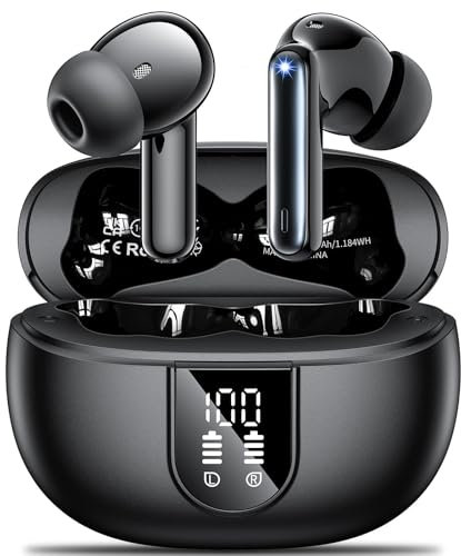 Auriculares Inalambricos Bluetooth 5.4,cascos inalámbricos con 4 micrófonos ENC de cancelación activa de ruido,Sonido Hi-Fi Estéreo, autonomía de 48 h, IPX7, con pantalla LED de batería - Negro