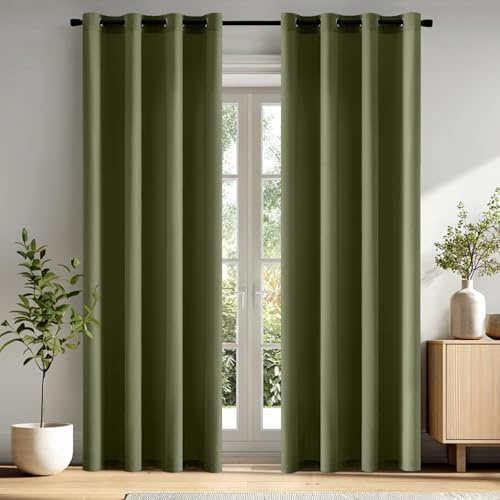MIULEE Gardinen Voile Vorhänge mit Ösen 2er Olivgrün 140x225cm
