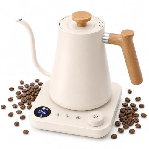 VICBINLY 0.9L Electric Gooseneck Kettle, Pour Over Coffee and Tea Kettle, Tea Kettles, 1200 Watt Quick Heating, Boil-Dry Protection, Temperature Control, Matte White KKT90B