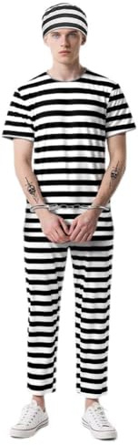 BSBUY Adult Prisoner Costume Men’s Black and White Prison Uniform Prison Jumpsuit Fancy Dress Costume Striped Jail Break Dress Up Outfit Halloween Jailbird Costume Convict Boiler Suit Overall(M)