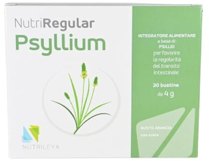 NutriRegular Psyllium 20 Bustine – Integratore con Fibra di Psillio (Plantago ovata) per la Regolarità Intestinale, Digestione - 20 Bustine da 5g, Gusto Arancia Rossa - Nutrileya