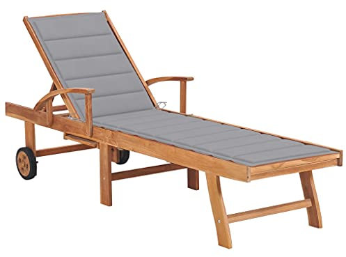 vidaXL Teak Massiv Sonnenliege mit Auflage Grau Verstellbare Rückenlehne Gartenliege Gartenmöbel Holzliege Liegestuhl Liege Relaxliege Strandliege
