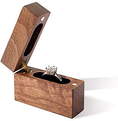 Wislist Wooden Engagement Ring Box Small Slim Flat Ring Case for Proposal,Wedding (Walnut Wood)