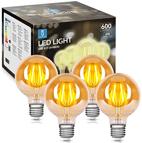Aigostar LED E27 Vintage Glühbirne 6W (Ersetzt 48W), 600 Lumen, Warmweiss 2200K, Abstrahlwinkel 300°, G80 Edison Lampe Filament Retro Bernstein Flimmerfrei, CRI＞80, 4 Stück