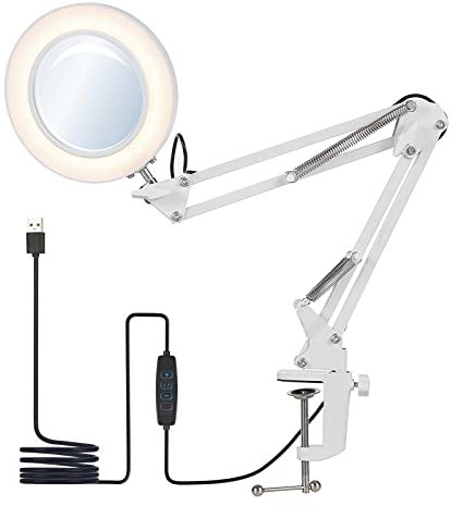 Lámpara de Aumento 8X, LED Lámparas de Escritorio Lupa con Abrazadera Ajustable, Brazo Giratorio, Alimentación USB, Luces Regulables en Modo de 3 Colores, para Lectura, Manualidades y Soldadura