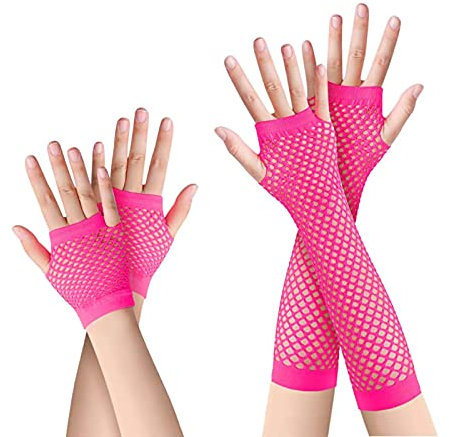 Azwood Fischnetz Handschuhe, 2 Paare Lang und Kurz Netz Mesh Handschuhe, Schwarz Fingerlose Netzhandschuhe - Damen Abendhandschuhe ​für Verkleidung Kostüm Party Lieferungen (Rosa)