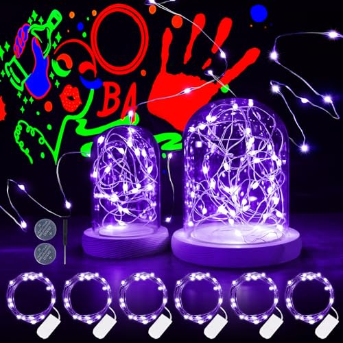 Halloween Pack of 6 UV Black Light Battery Fairy Lights Indoor 2 m 20 LED UV Fairy Lights Purple Copper Wire for Halloween Christmas Painting Mason Jar DIY Paper Lanterns Craft Pumpkin Children's Room