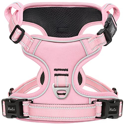 HEELE Arnés para Perro Mediano Arnes para Perro Chaleco Reflectante con 3 Hebillas de Liberación Pápida Arnés para Perro Ajustable, Mango Acolchado, Confort, Liberacion del Cuello, Rosa Claro, L