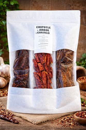 TriPack Chili Chipotle, Árbol och Chili Guajillo 100g