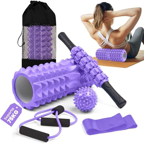 unycos - Set 5 en 1 de Rodillo【PVC/EVA】para Masaje Muscular | Foam Roller Soporta 75 kg, Palo y Bola de Masaje, Banda de Resistencia, Cuerda de Forma y Bolsa de Transporte (Morado)