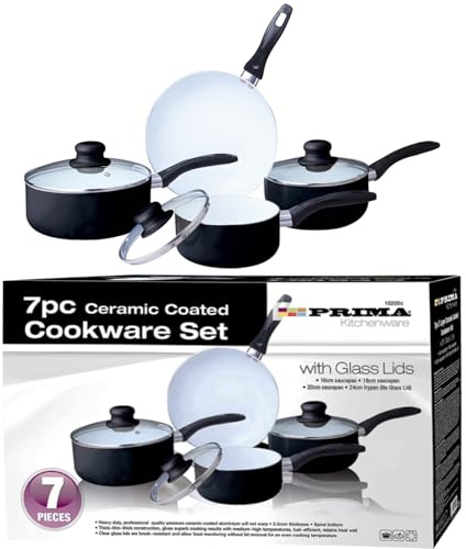 7 Pcs Prima Ceramic Coated Aluminium Black Cookware Set Non-Stick Saucepan with Glass Lid Pot Home Kitchen Chef Healthy Food Cooker Frying Pan Frypan 16|18|20|24cm UK Free P&P