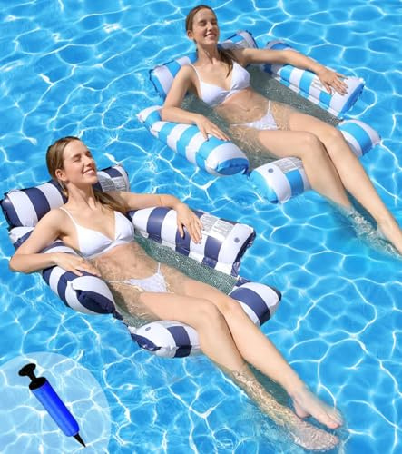 Amaca Gonfiabile Mare 2 Pezzi, Materassini Gonfiabili per Piscina, Portatile Lettino Mare Gonfiabile, 4 in 1 Lettino Gonfiabile Piscina, Amaca da Piscina con 1 Pompa (Azzurro + blu scuro - 4 tubi)