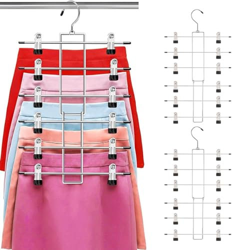 Litinliv Hosenbügel, 2 Stück Faltbare Edelstahl Kleiderbügel, mit 12 Verstellbaren Klammern, Mehrfach-Rockbügel, Platzsparend, für Hosen, Röcke, Schals, Jeans, Kleidung, Silbern-Schwarz