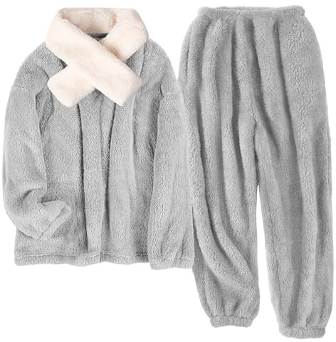 Tuopuda Pigiama Donna Invernale Pigiami Due Pezzi, Pigiama Pile da Casa con Sciarpe Tasche Felpa Manica Lunga e Pantalone Lungo, Indumenti da Notte Sleepwear, Grigio-2, XXL
