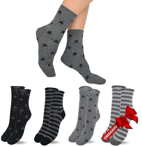 LEON D'ORO Calzini Donna Caldo Cotone Corti 4 paia Calzino Donna senza elastico Moda Made in Italy