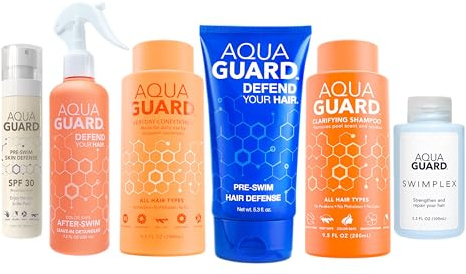 AQUA GUARD Swim Hair Rescue Bundle | Pre-Swim Protection & Post-Swim Repair Kit | Includes Hair Defense, Shampoo, Conditioner, Detangler, Hair Mask & SPF Skin Defense | Chlorine Care For Swimmers