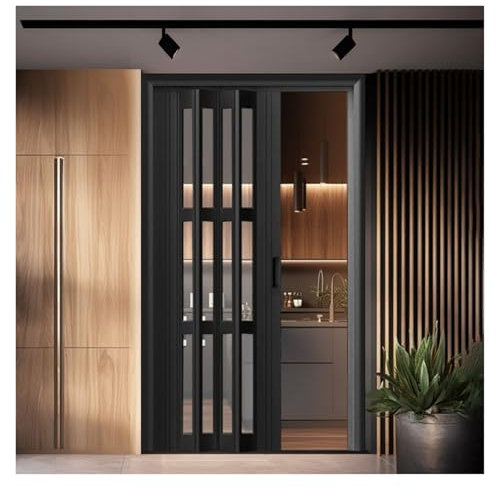 Puerta Plegable Ancho 80 90 100 110 120 130 140 150 160 Cm Puerta Plegable Puertas De Interior De PVC Plastico, Puertas Acordeon Concertina Negro para Cocina/Ducha/Salon, A Medida(80X220CM)