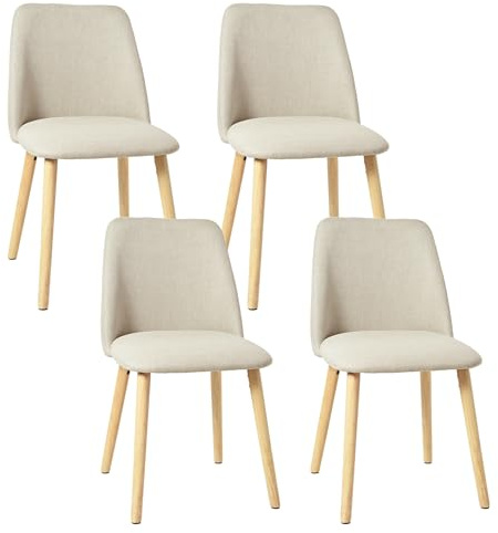 Goeurvant Lot de 4 Chaises de Salle à Manger avec Pieds en Bois, Chaise Fauteuil en Lin, Chaise Rembourrée pour Salon, Cuisine et Bureau, Beige