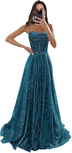 Robe de bal à paillettes avec corset à col bénitier - Robe de bal longue avec bretelles spaghetti fendues - Tulle scintillant - Robes de soirée formelles, bleu paon, XS