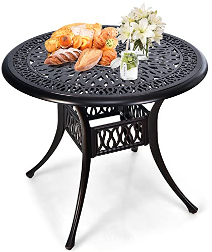 GIANTEX Trädgårdsbord, balkongbord φ90 cm, bistrobord med φ5 cm paraplyhål, terrassbord av gjuten aluminium med justerbara fötter, matbord väderbeständigt, soffbord för trädgård (rundbrun)