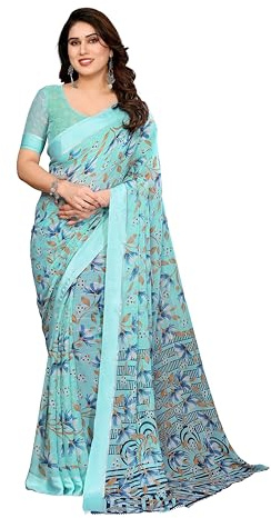 ETHNICMODE Indian Saree For Women Printed Georgette Light Weight Party Wear Turquiose Sari With Unstitched Turquiose Blouse Piece-1205
