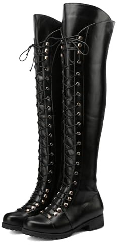 DADAWEN Women's Over The Knee Boots Square Toe Thigh High Boots with Side Zipper Lace Up Fashion Combat Boots Low Heel Fall Long Tall Boots for Women Black US Size 9