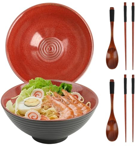 GEEKHOM Ensemble de bols à ramen 2x 1200ml - Bols à ramen japonais en céramique avec baguettes et cuillère en bois - Grand, micro-ondes et lave-vaisselle pour nouilles, soupe, pho, salade