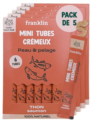 FRANKLIN – Tube Crémeux Chat – Creamy Snack Thon et Saumon – Texture Crémeuse et Onctueuse – Ingrédients 100% Naturelles – Faible en Calories – Poils Doux et Brillant – 30 Tubes x 15g