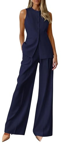 PRETTYGARDEN Women's 2 Piece Sets Business Casual Outfits,Navy Blue,M