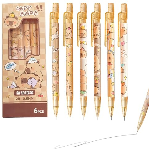 Hyleon Retractable Pencils, 6Pcs Cute Capybara Mechanical Pencils with Eraser 0.5mm Kawaii Cartoon Capybara Mechanical Pencil School Pencil for Boy Girl Women