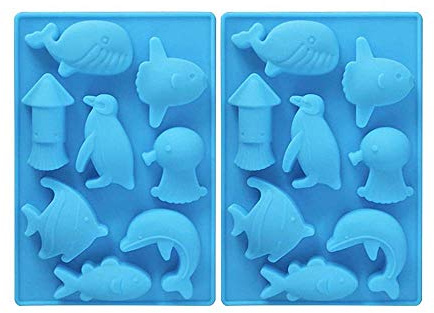 2Pcs Sea Animals Ice Cube Mold - MoldFun Ocean Animals Whale Fish Dolphin Penguin Squid Silicone Mold for Baking Muffin Cake, Chocolate, Jello, Candy, Mini Soap, Lotion Bar, Plaster