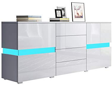 Senvoziii Sideboard Kommode in Hochglanz Weiß Highboard Anrichte Standschrank mit 2 Türen 4 Schubladen und LED Beleuchtung 177 cm