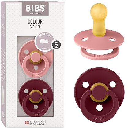 BIBS Colour Soother 2-Pack, BPA Free Dummy Pacifier, Round Nipple. Natural Rubber Latex, Made in Denmark, Size 2 (6-18 Months), Dusty Pink/Elderberry