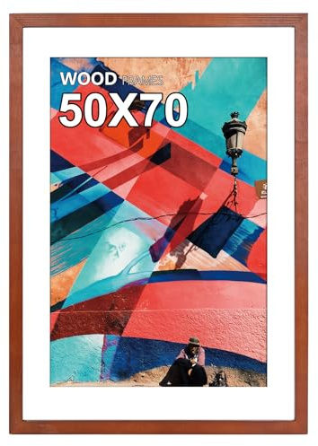 HOHIYO Wooden Picture Frame 50 x 70 cm Poster Frame 50 x 70 cm Picture Frame with Paper Mount 40 x 60 cm and Shatterproof Plexi Glass for Hanging, Brown