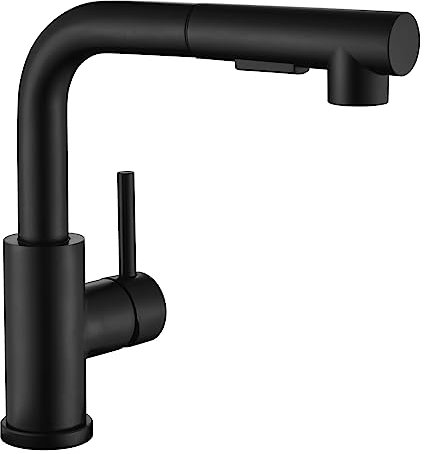 APPASO Wasserhahn Küche, Küchenarmatur mit Brause Ausziehbar für die Küche, Einhebel Ausziehbarer Spültischarmatur 1 Loch 360° Schwenken, Hochdruck L Form, Schwarz