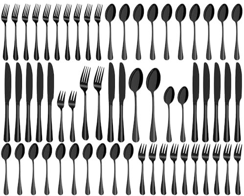 Couverts de Table 12 Personnes, Ménagère 60 Pièces Couvert Noir, Polis et Lavables au Lave-Vaisselle, Couverts de Table Noir Mat, avec Couteaux/Fourchettes/Cuillères, pour Maison, Fête, Restaurant