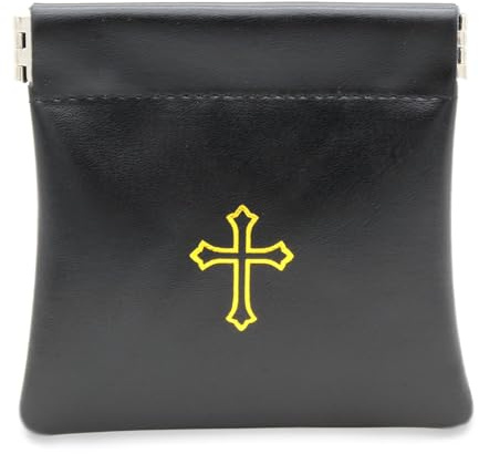 Squeeze Top Rosary Pouch Black Faux Leather with Cross Imprint