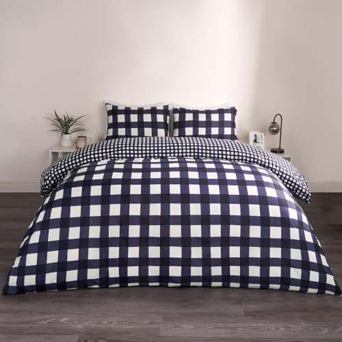 OHS King Size Duvet Cover Sets, Navy Blue Gingham Check Reversible Duvet Cover King Size with Pillowcases Luxury Decorative Blue Bedding Super Soft Bed Set