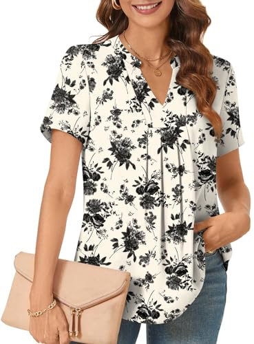 Bestbee Ladies Plus Size Summer Tops, Dressy Chiffon Blouses Pleated Shirts Notch V Neck Short Sleeve Tunic Tops Casual T-Shirts, Black Floral Beige, XL