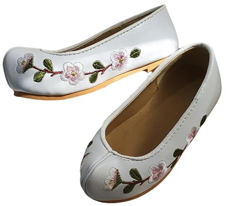 Baby Girls Traditional Korean Hanbok Shoes, 130mm, White Floral Embroidery, Korean Traditional Doljanchi