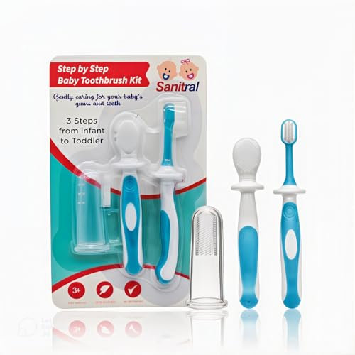 Sanitral Baby's First Zahnbürsten-Set, Schritt-für-Schritt-Zahnbürsten-Set, 0–2 Jahre, sicherheitsgeprüft und BPA-frei, 3er-Pack (Fingerzahnbürste, Baby, Silikon-Zahnbürste, Baby- und